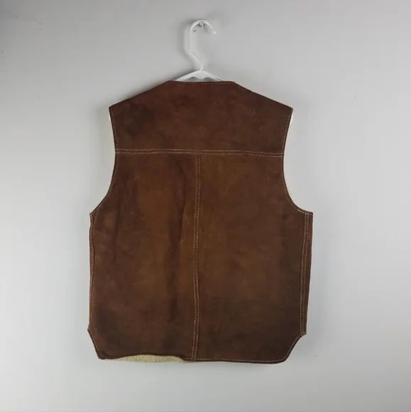 Vintage Suede Sherpa Vest Sz M Brown Cream Coastal Cowboy Western Yellowstone - Picture 2 of 3